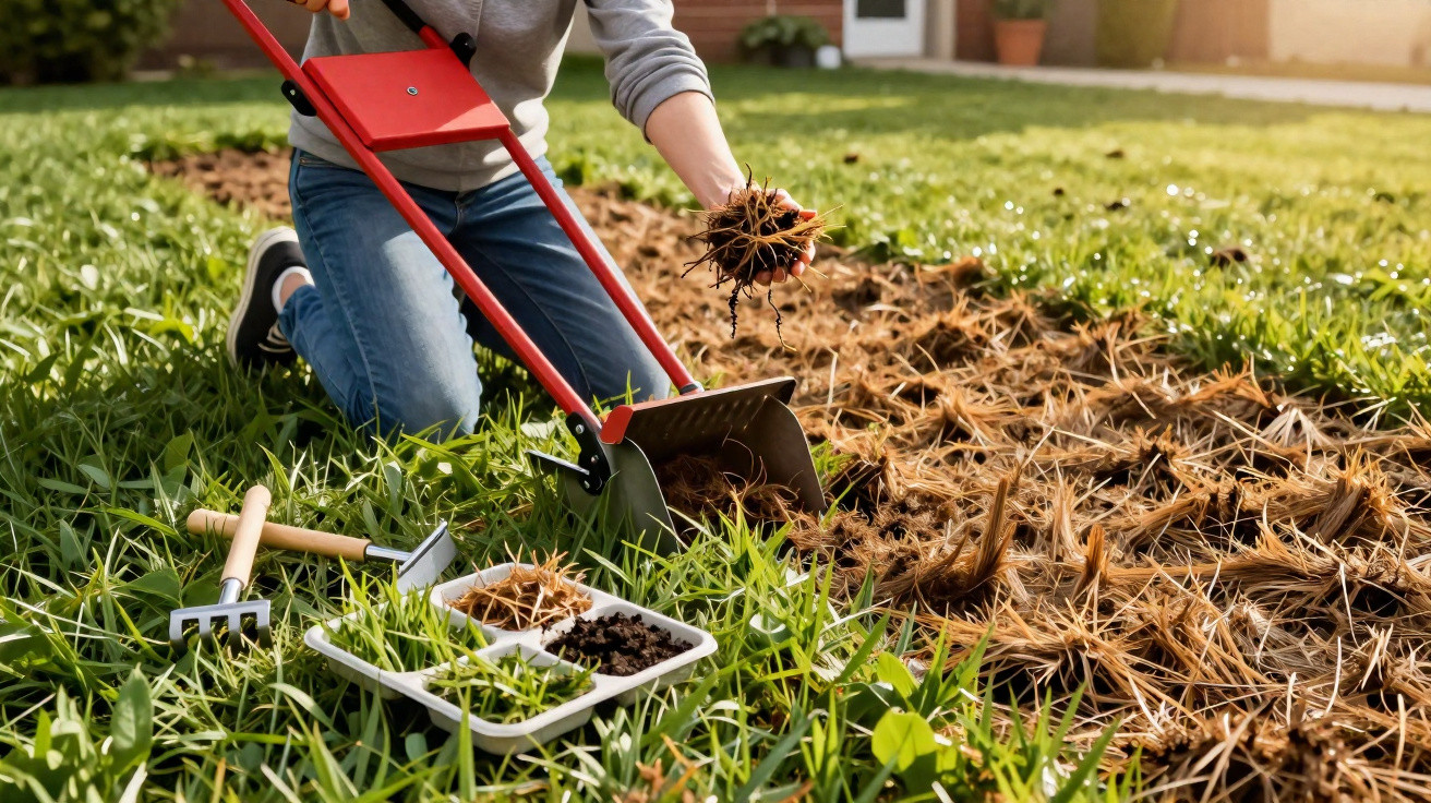 Pessoa removendo ervas daninhas com ferramenta manual num jardim com terra e relva verde ao redor.