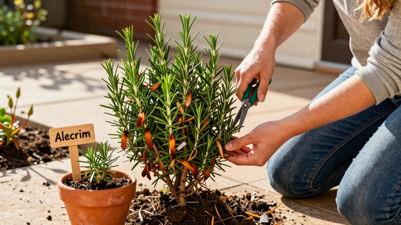 Pessoa a podar planta de alecrim num jardim com tesoura de jardinagem, ao lado de vaso com muda da mesma planta.