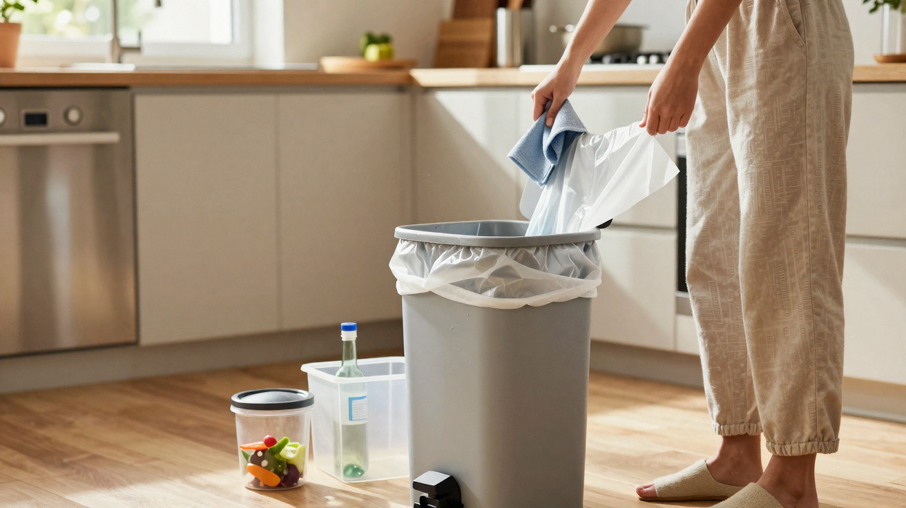 Pessoa a colocar lixo numa lixeira cinza com tampo, numa cozinha moderna, com objetos recicláveis no chão.