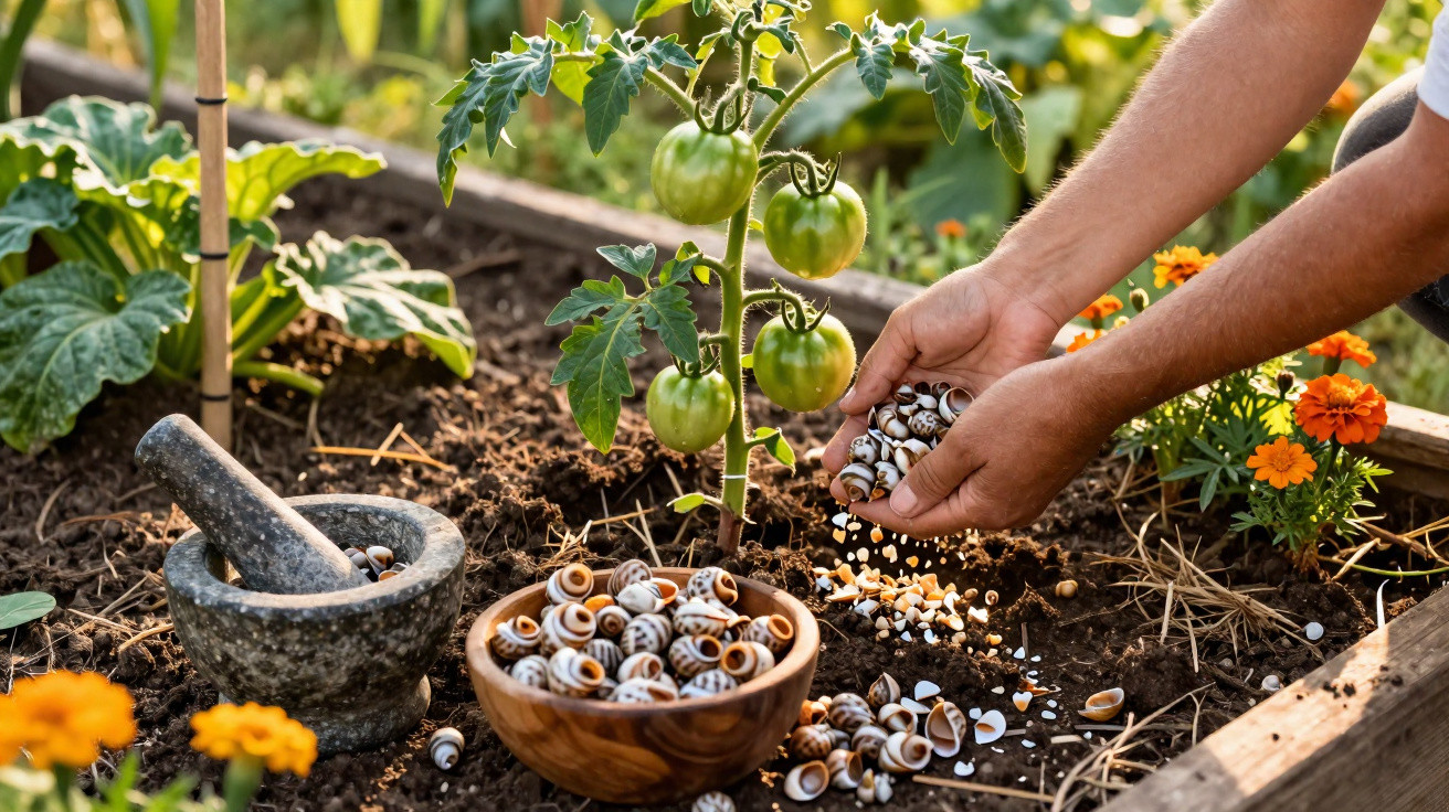Mãos espalham caracóis esmagados no molho de tomate de uma horta com caldeirão e flores ao redor.
