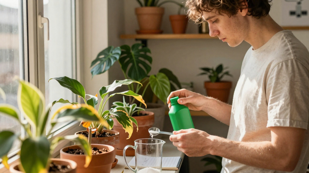 Jovem a medir fertilizante para cuidar de plantas em vasos numa bancada junto à janela.