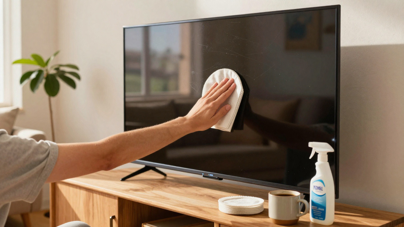 Pessoa a limpar ecrã de televisão com pano e spray de limpeza numa sala de estar.