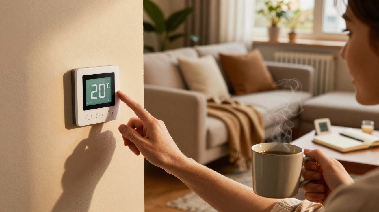Pessoa ajusta termóstato para 20°C numa sala de estar aconchegante, segurando chá quente.