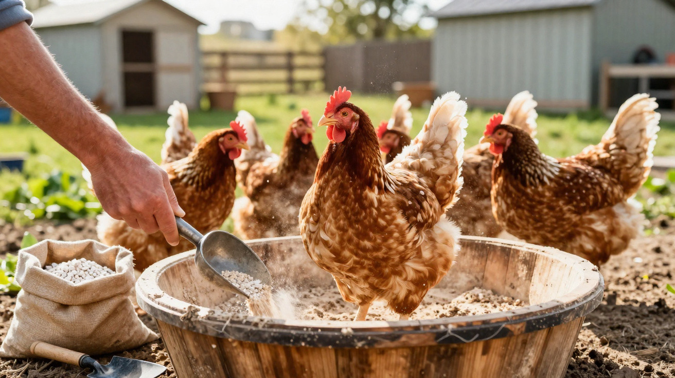 Homem a alimentar galinhas com grãos num galinheiro com cinco galinhas castanhas.