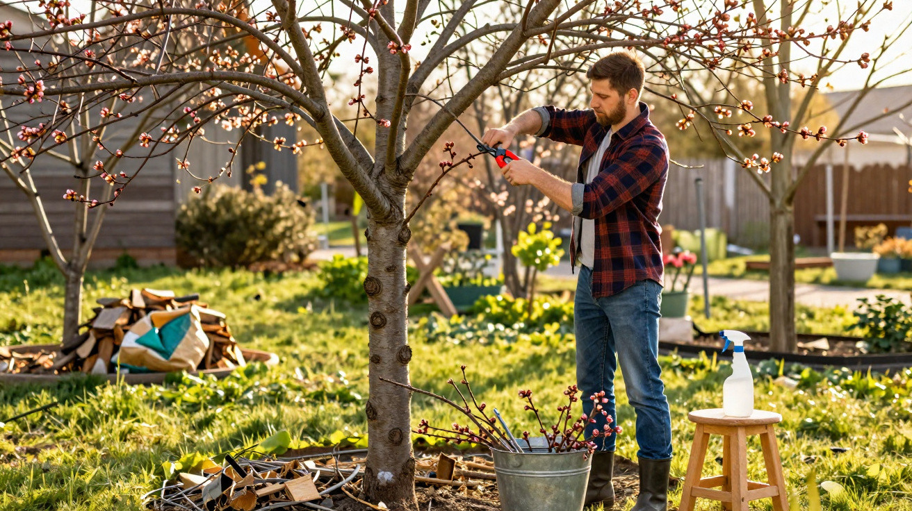 Homem podando árvore florida num jardim com ferramentas de jardinagem e madeira ao fundo.
