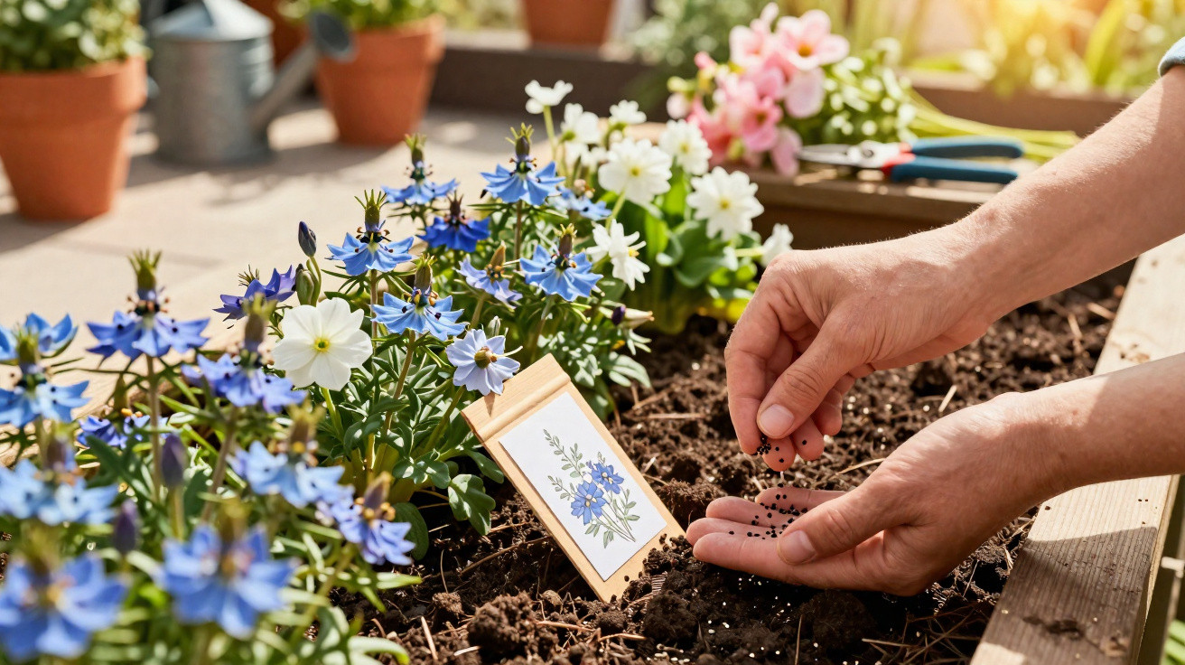 Mãos a semear sementes em terra, com flores azuis e brancas ao fundo num canteiro de jardim.