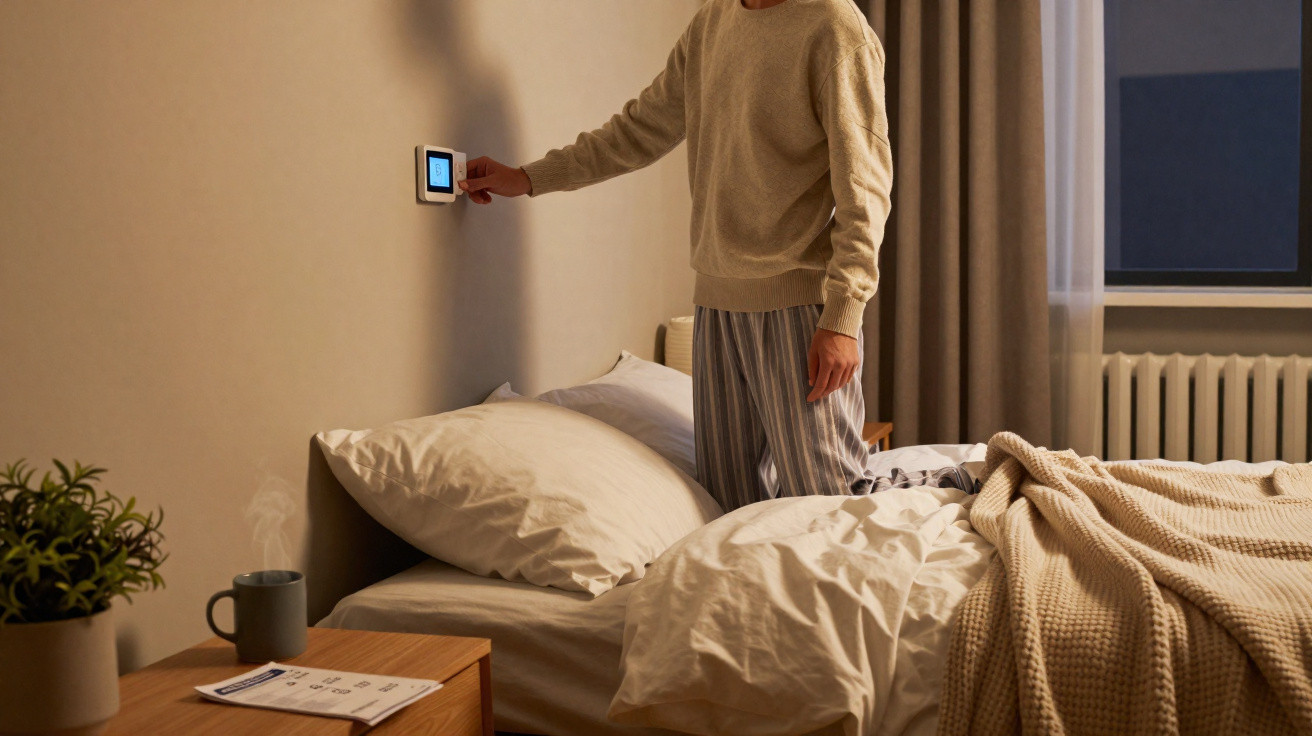 Pessoa em pijama ajusta termóstato digital na parede junto a cama em quarto acolhedor com luz suave.