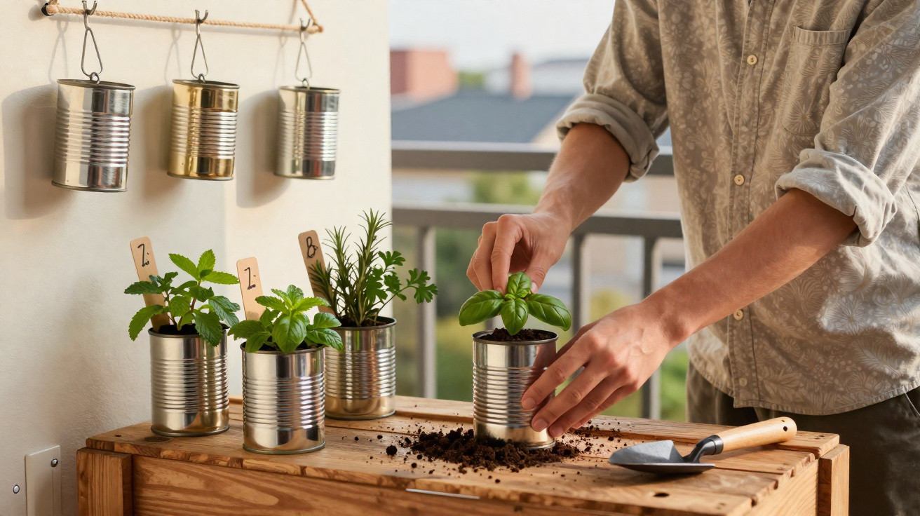 Pessoa a cuidar de plantas aromáticas em latas reaproveitadas numa varanda com mesa de madeira.