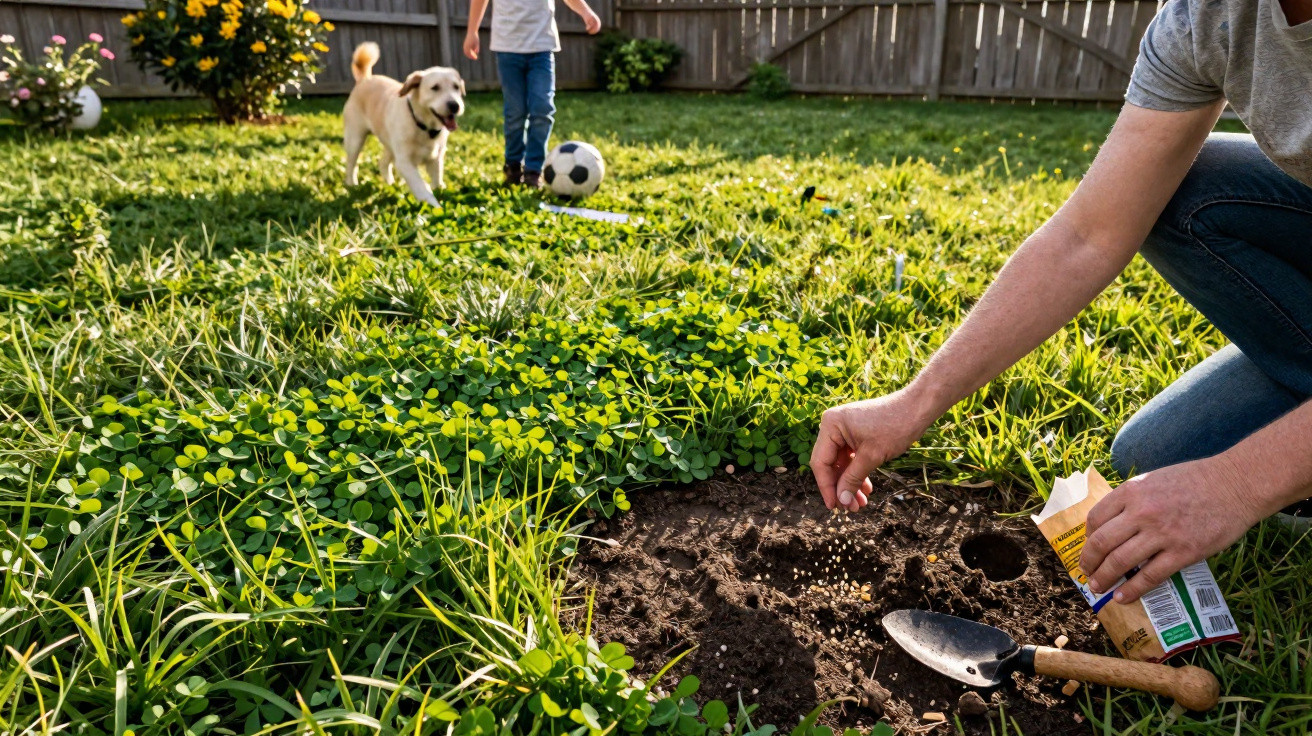 Pessoa a semear sementes na terra de um jardim enquanto cão e criança brincam com bola ao fundo.