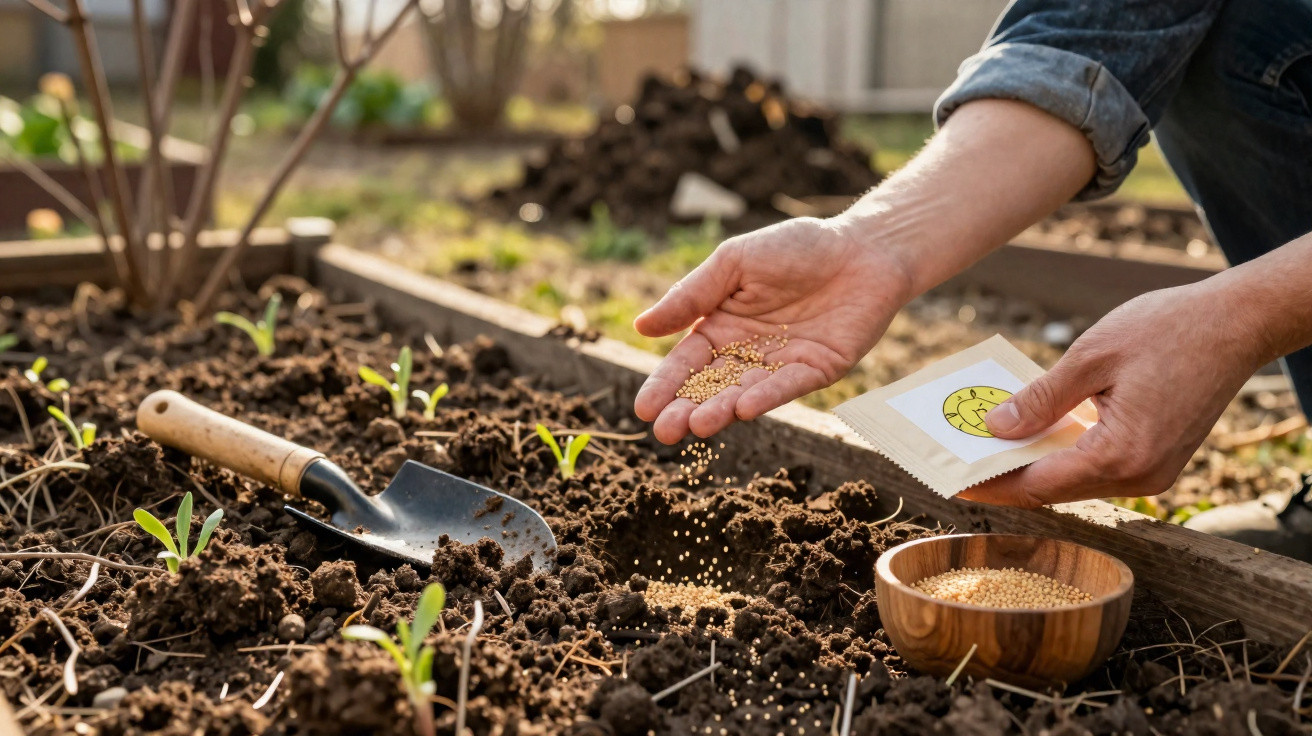 Mãos semeando sementes num canteiro com terra e plantas pequenas, com enxada e tigela de madeira ao lado.