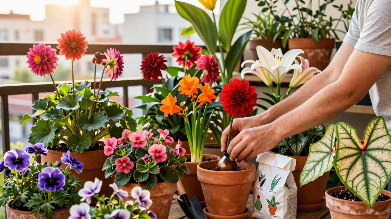 Pessoa a plantar uma flor vermelha numa varanda cheia de vasos com flores coloridas.