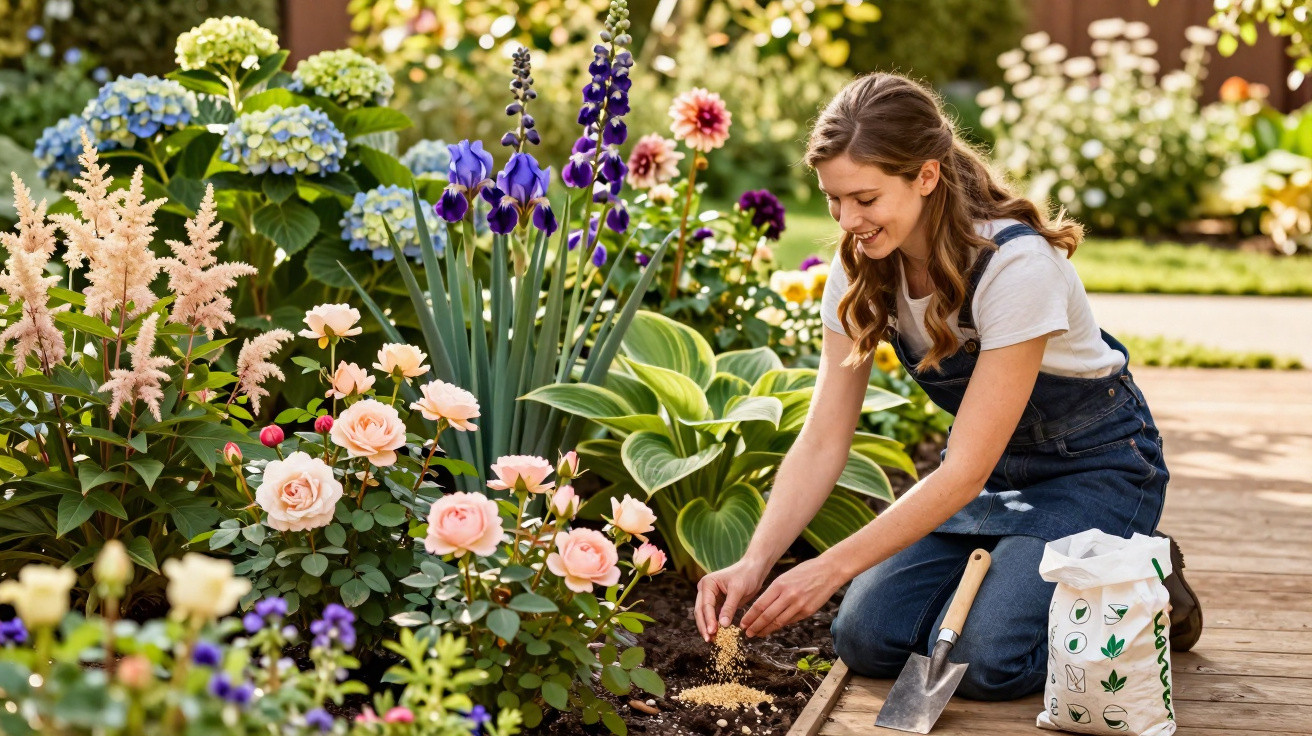 Jovem a semear plantas num jardim florido com várias flores coloridas num dia solarengo.