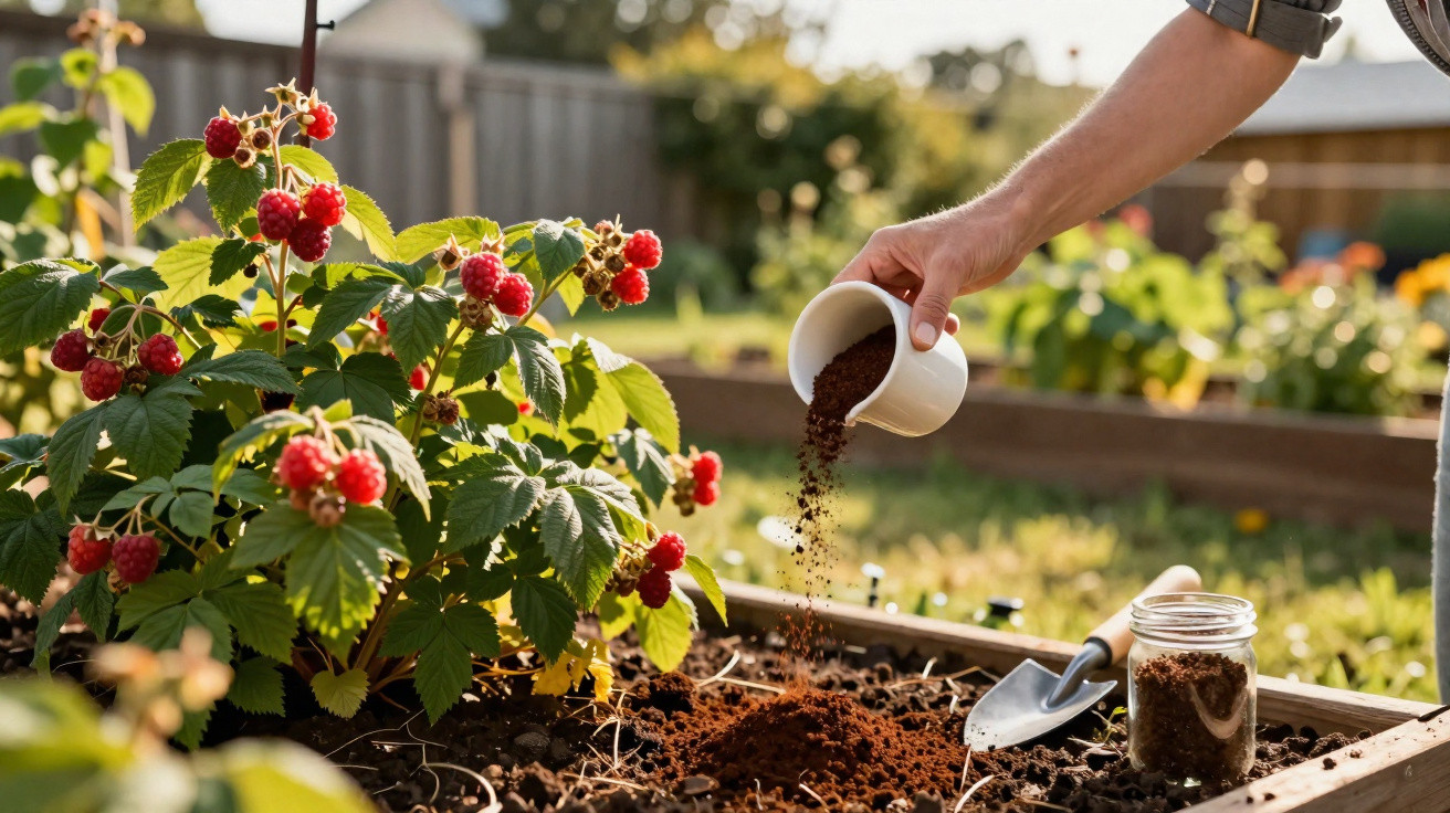 Pessoa a espalhar borra de café como fertilizante em planta de framboesas num jardim ensolarado.