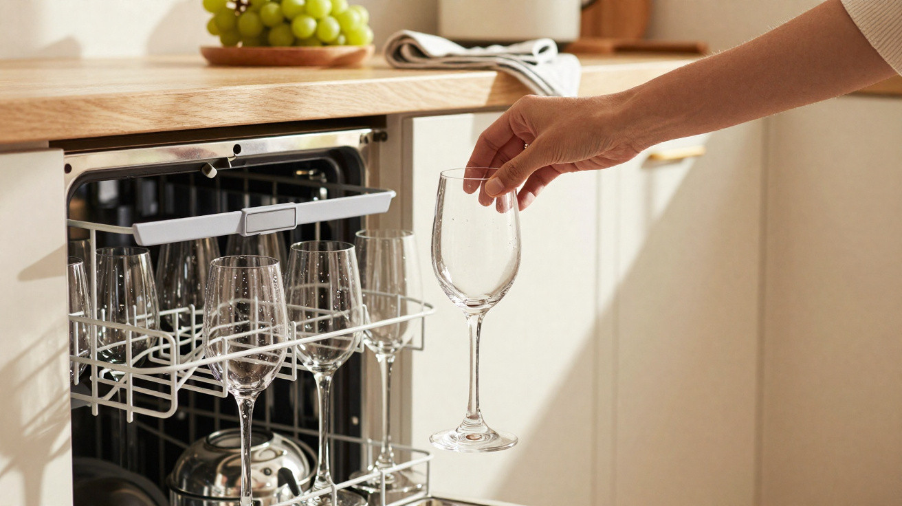 Pessoa a retirar taça de vinho limpa de máquina de lavar loiça numa cozinha moderna.
