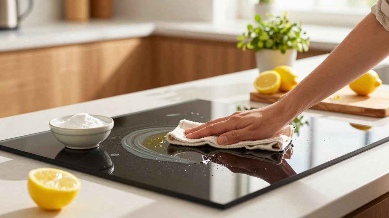 Pessoa a limpar placa de fogão vitrocerâmica com pano numa cozinha moderna com limões e bicarbonato.