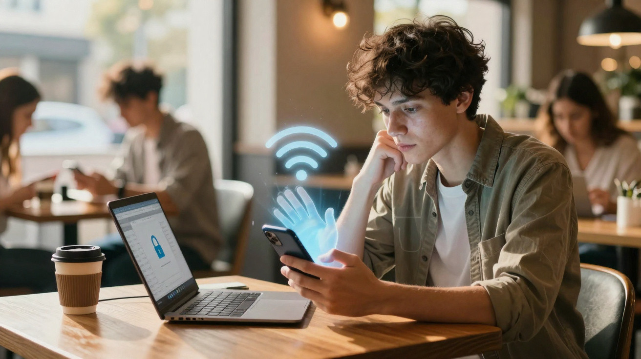 Jovem a usar smartphone e computador num café com ícone de segurança digital e Wi-Fi holográfico.