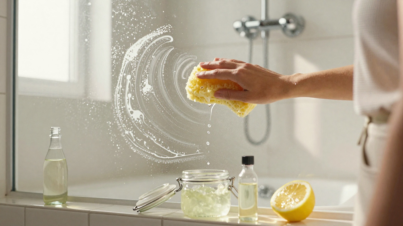 Mão a limpar um espelho de casa de banho com uma esponja e produto de limpeza caseiro com limão.