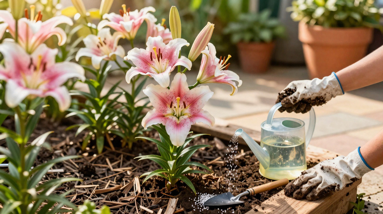 Pessoa a regar flores de lírio cor de rosa num canteiro de jardim com luvas de jardinagem.