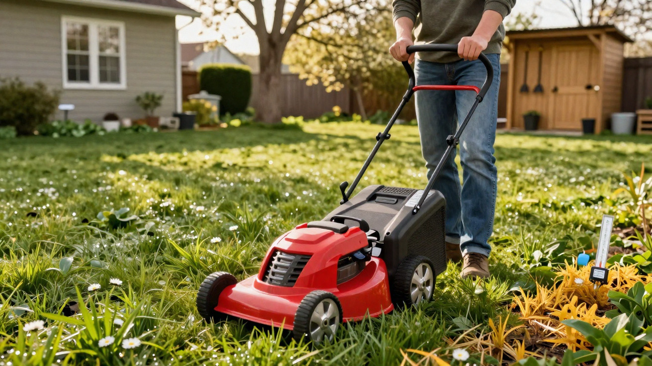 Pessoa a cortar relva num jardim com uma máquina de cortar relva vermelha num dia ensolarado.