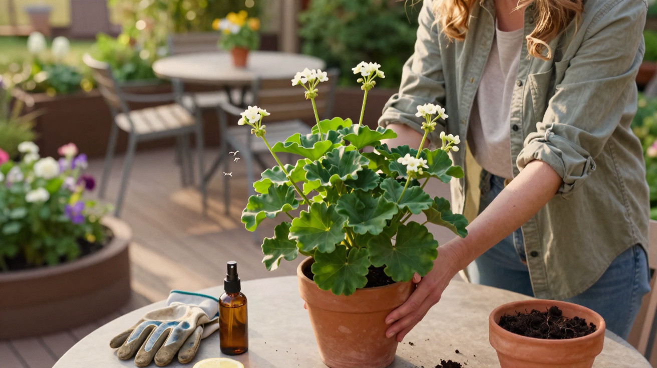 Pessoa a cuidar de planta com flores brancas num vaso de barro numa mesa de jardim.