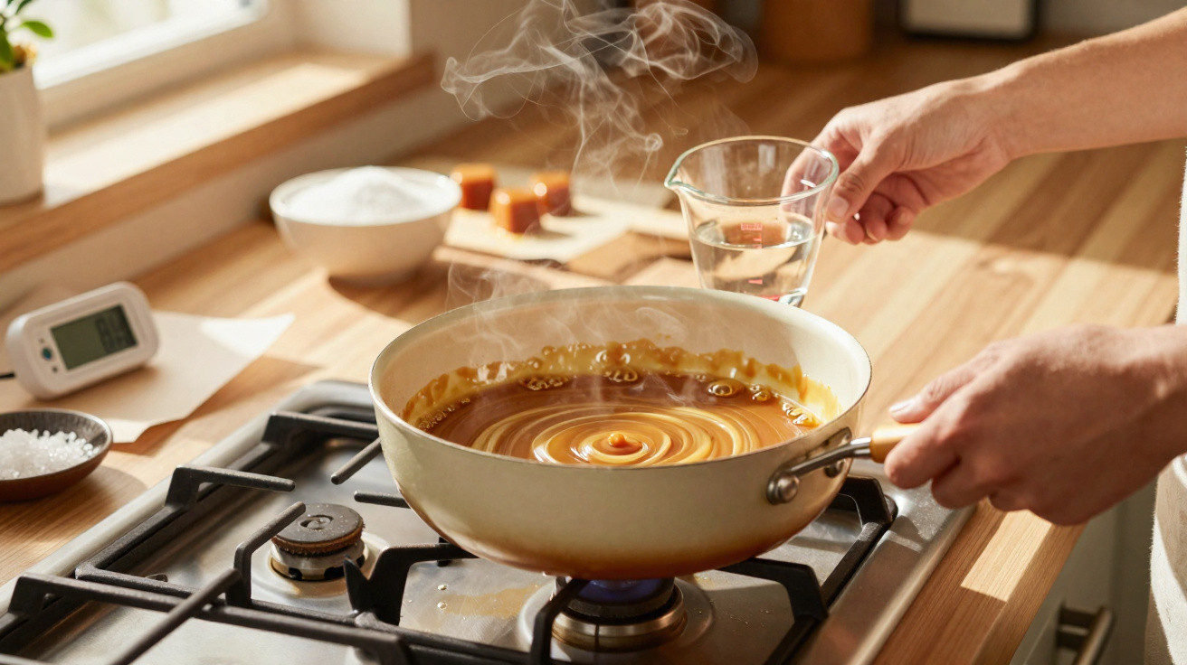 Mãos a adicionar líquido quente numa panela com caramelo a ferver no fogão a gás numa cozinha iluminada.