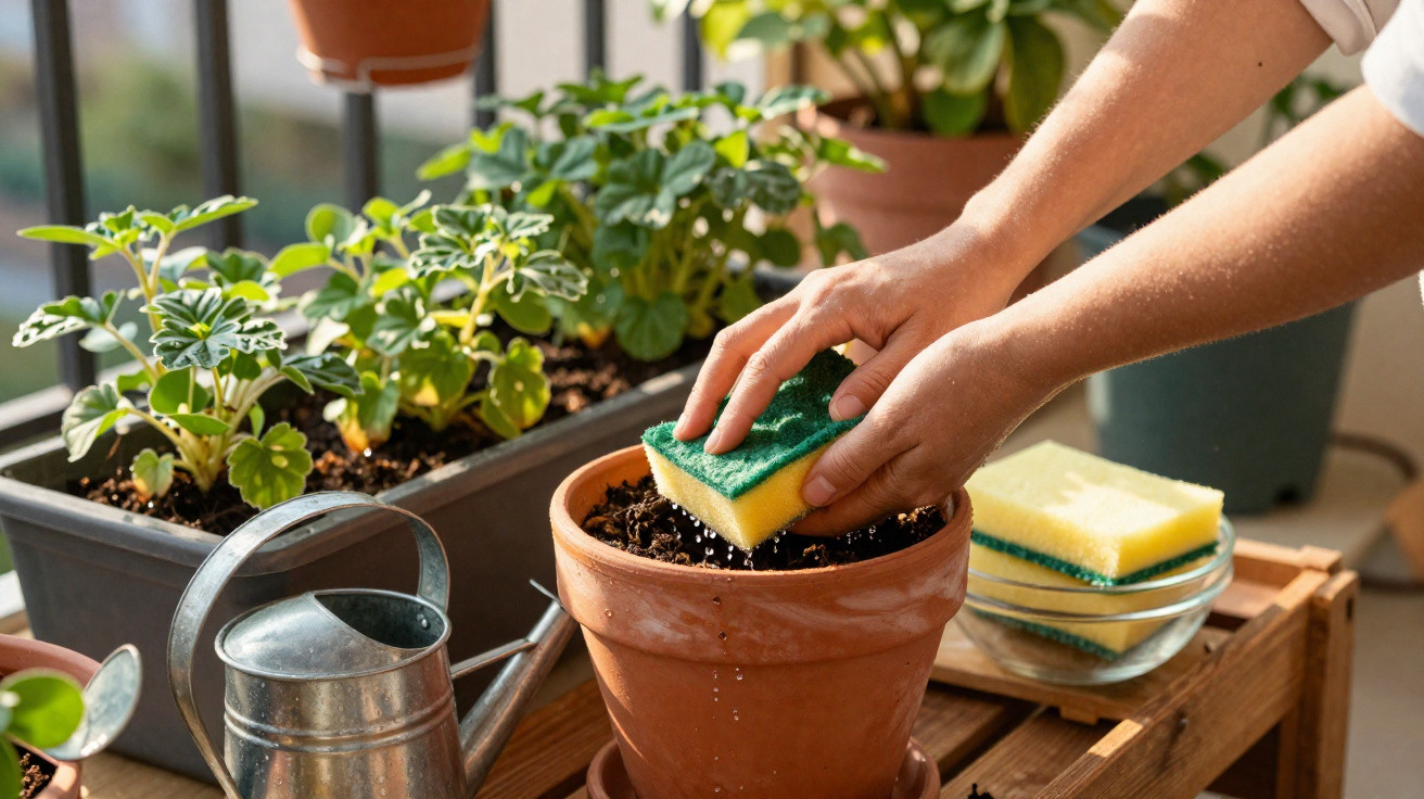 Mãos a molhar terra em vaso de plantas com esponja, regador metálico e mudas ao fundo.