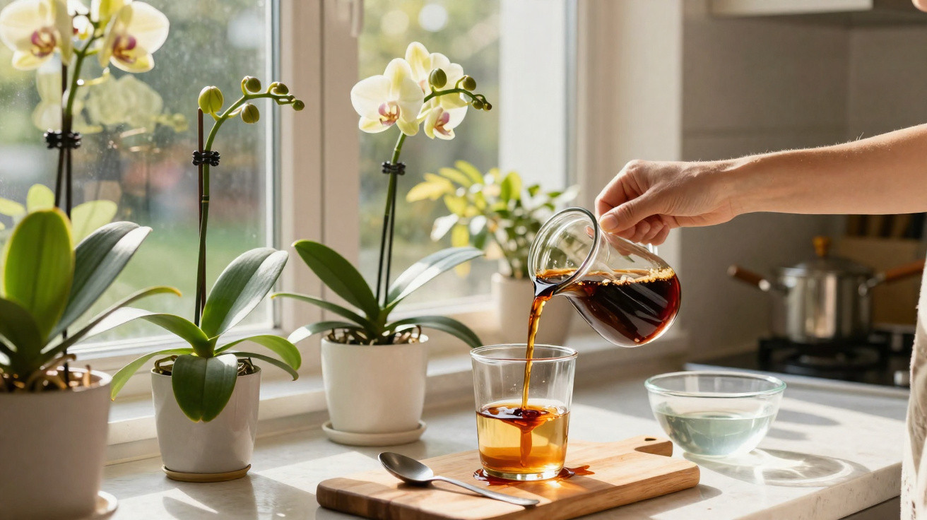 Mão a derramar café frio de vidro pequeno para copo em bancada de cozinha com orquídeas ao lado.