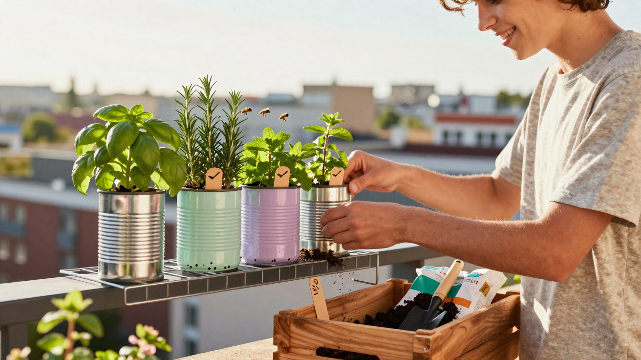 Jovem a cuidar de plantas aromáticas em latas recicladas num varandas com materiais de jardinagem.