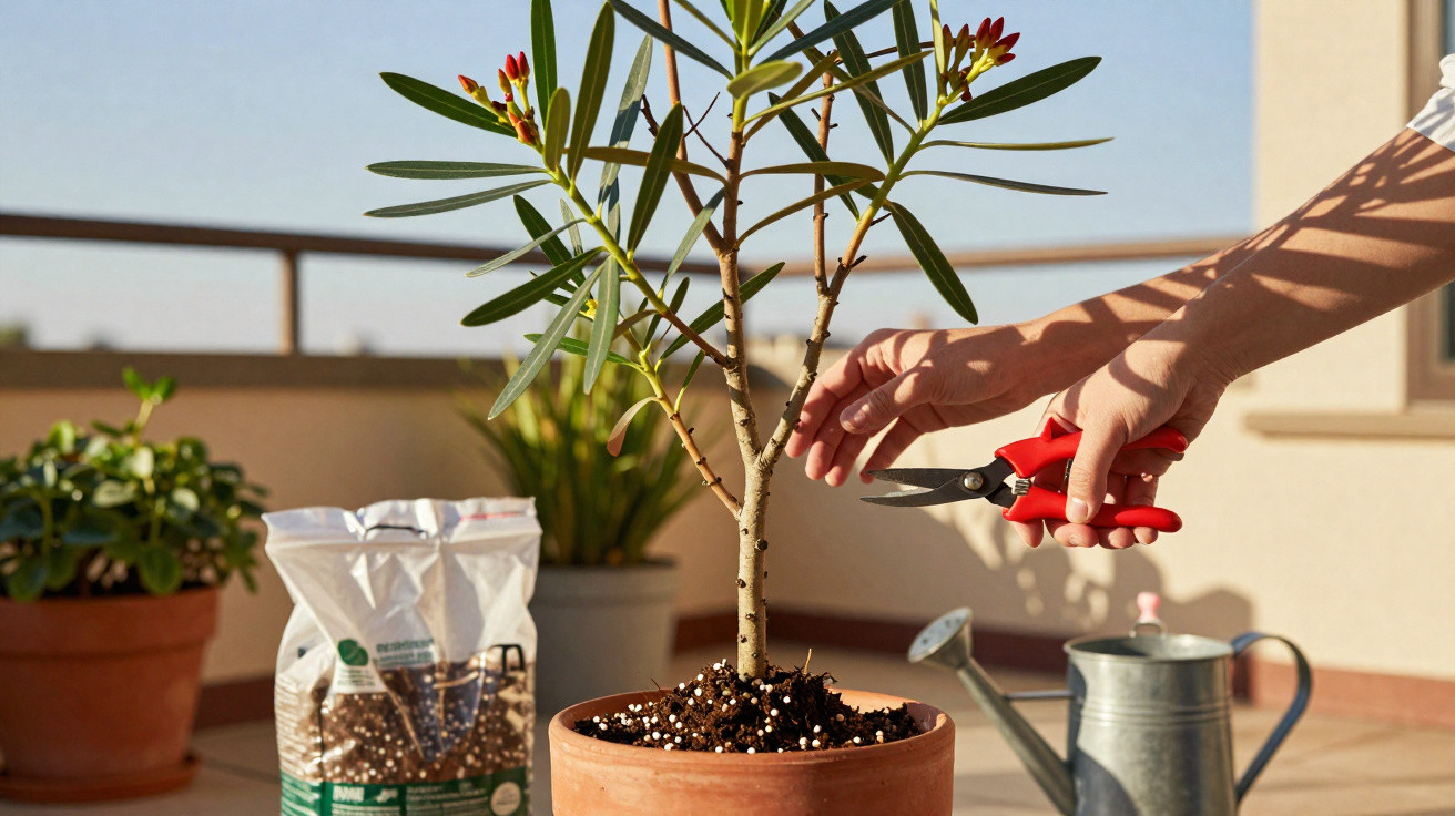 Pessoa a podar planta em vaso num terraço ensolarado com regador e sacos de terra à volta.