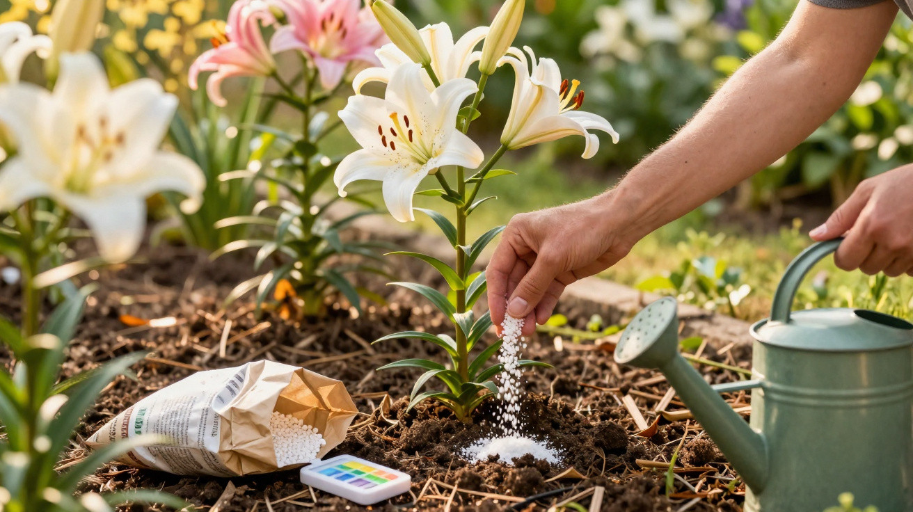 Pessoa a aplicar fertilizante em lírio branco num jardim com regador ao lado.