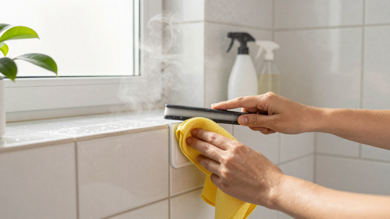 Mãos a limpar azulejos da cozinha com pano amarelo e uma pistola de vapor em ambiente iluminado.