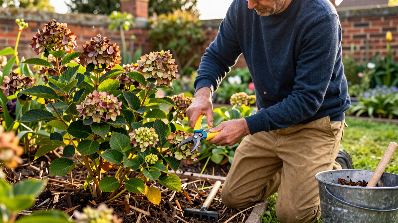 Homem a podar flores num jardim com tesoura de poda, rodeado de plantas e flores coloridas.