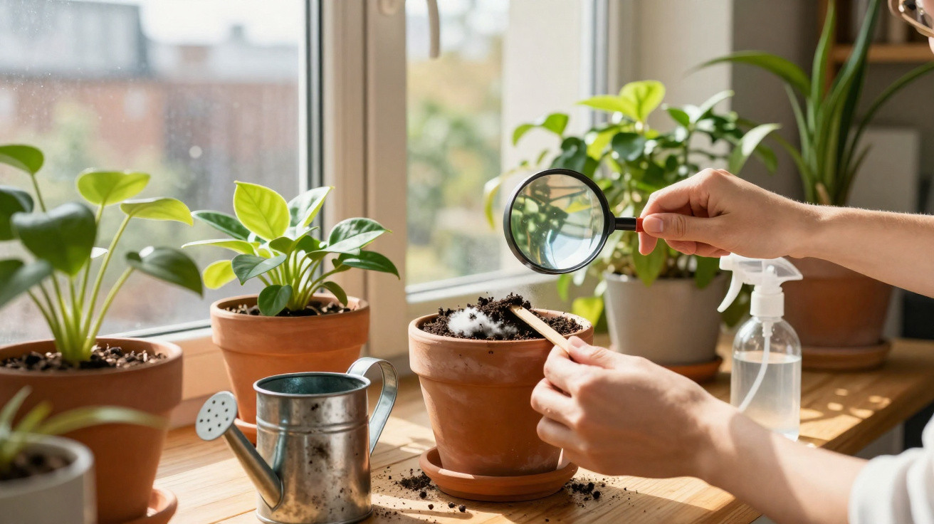Mãos a examinar plantas em vaso com lupa, junto a regador e pulverizador numa janela ensolarada.