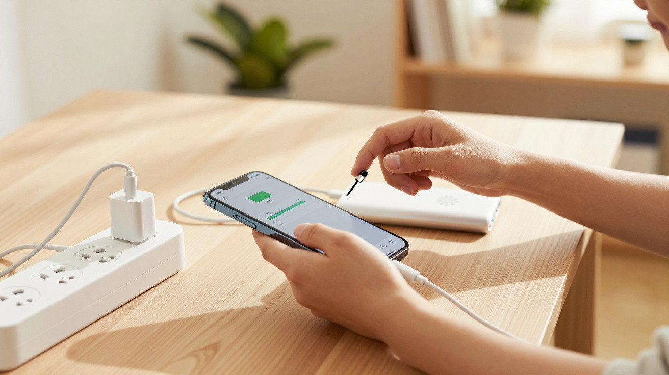 Pessoa a carregar smartphone com cabo USB numa mesa de madeira clara com régua e carregador portátil.