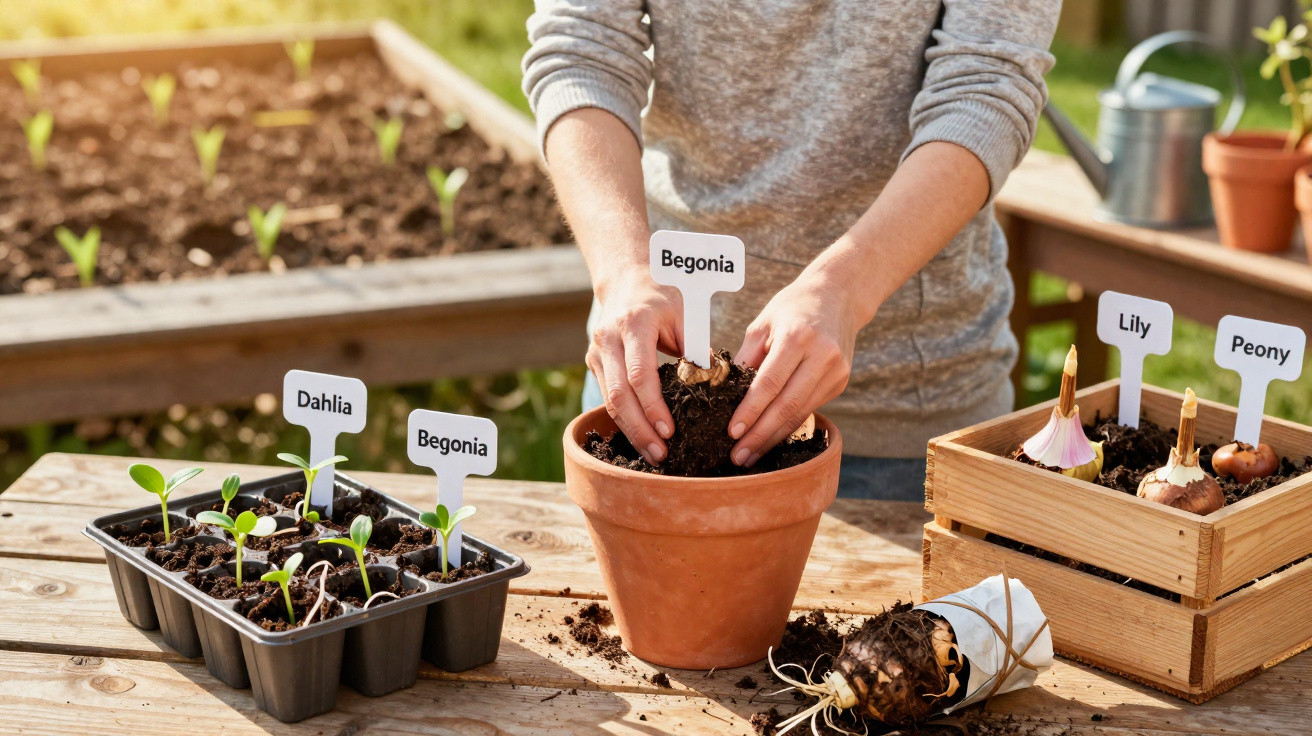 Pessoa a plantar uma muda de begónia em vaso, com várias plantas identificadas numa mesa de madeira.