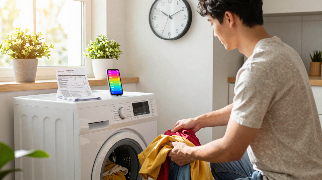 Homem a colocar roupa colorida numa máquina de lavar roupa numa lavandaria doméstica iluminada.