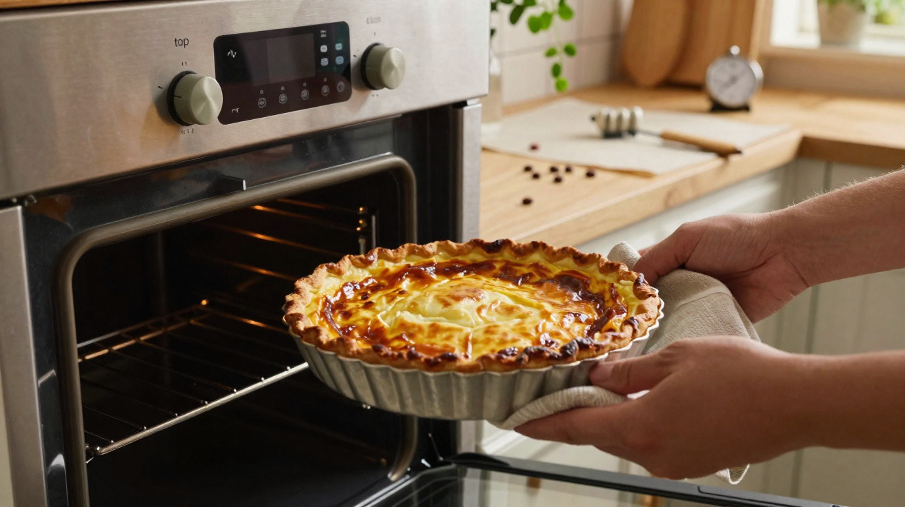 Pessoa a retirar torta caseira dourada do forno numa cozinha iluminada e acolhedora.