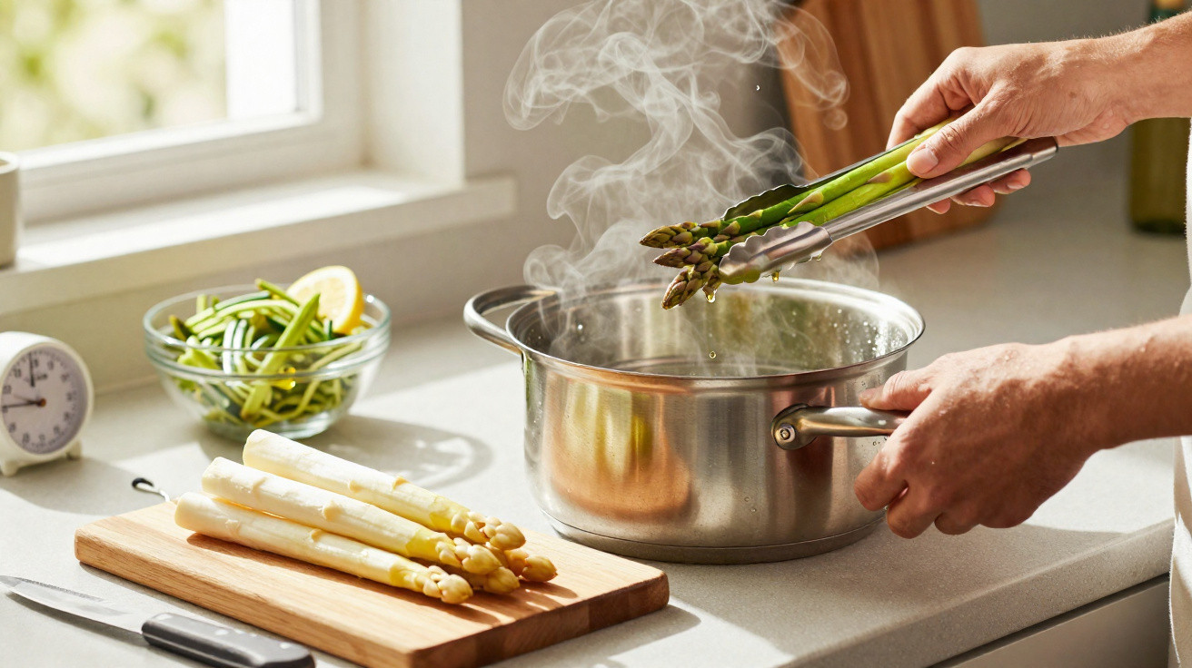 Pessoa a cozinhar espargos verdes em panela com vapor na cozinha iluminada, com espargos brancos na tábua.
