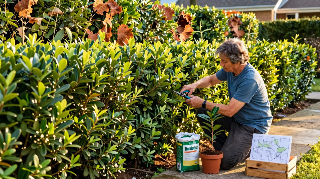 Homem a podar arbustos com tesoura de jardinagem num jardim ensolarado.