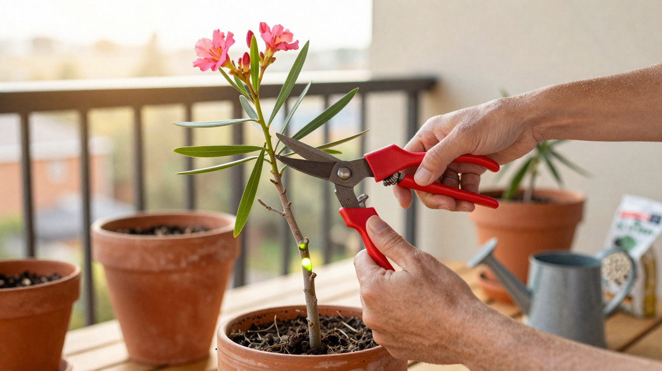 Pessoa a podar uma planta com flores cor-de-rosa num vaso de barro numa varanda.