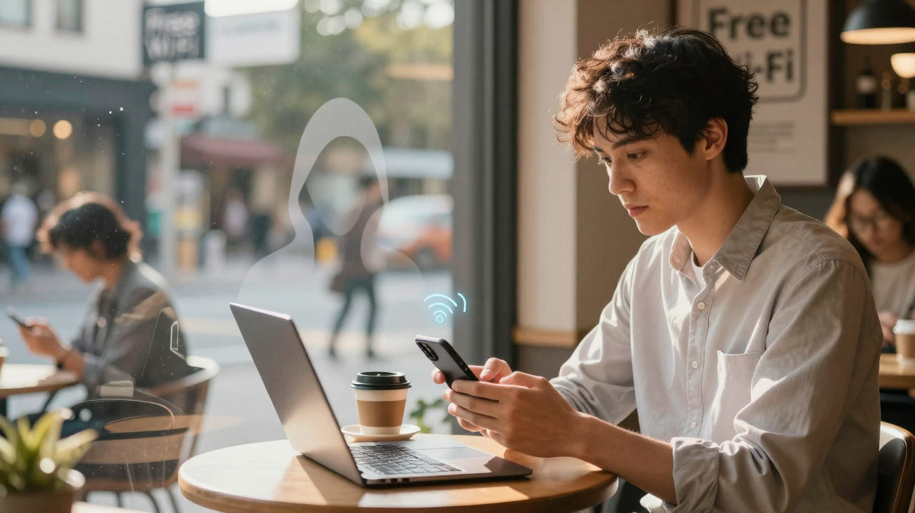 Jovem sentado numa cafetaria a usar telemóvel com computador portátil aberto na mesa.