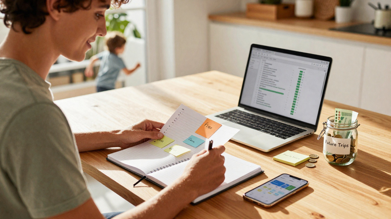 Pessoa sentada a planear viagens com notas adesivas, laptop aberto e mealheiro com etiqueta "Future Trips".