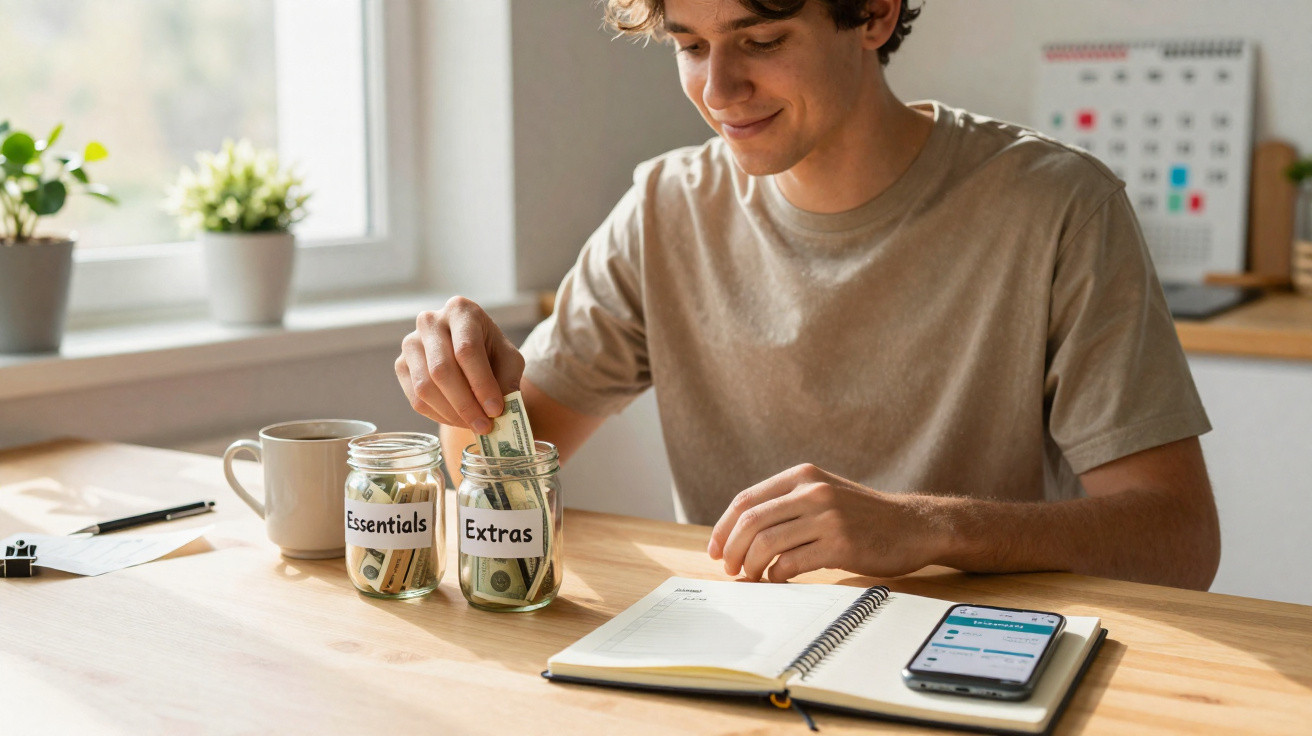 Jovem a guardar dinheiro em frascos rotulados como "Essentials" e "Extras" numa mesa com caderno e telemóvel.