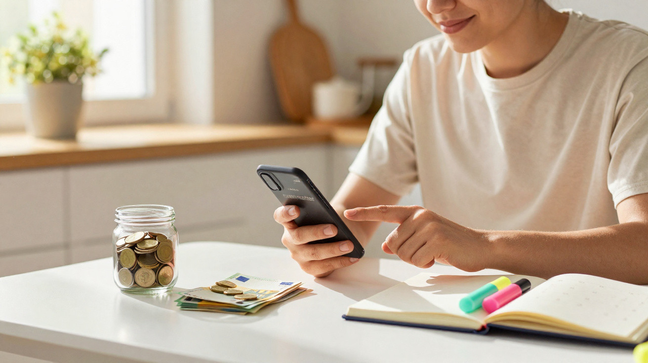 Pessoa a usar telemóvel para gerir finanças, com moedas num frasco, notas e caderno na mesa iluminada pela luz natural.