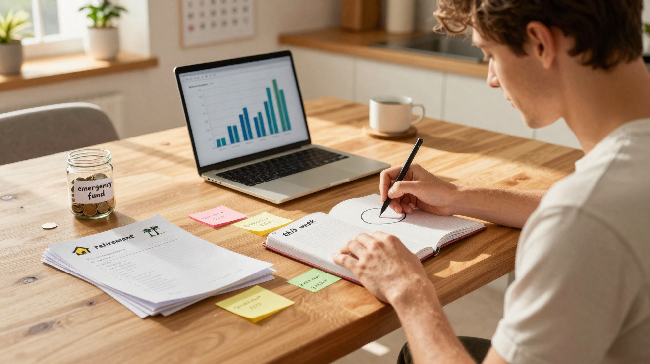 Homem a fazer anotações num caderno à mesa com laptop, documentos financeiros e mealheiro de moedas.