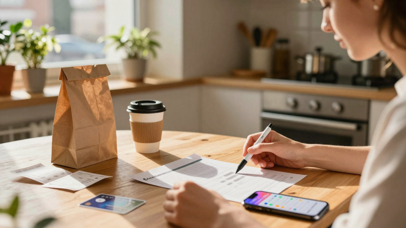 Pessoa a preencher um formulário numa mesa com copo de café, telemóvel e saco de papel numa cozinha moderna.