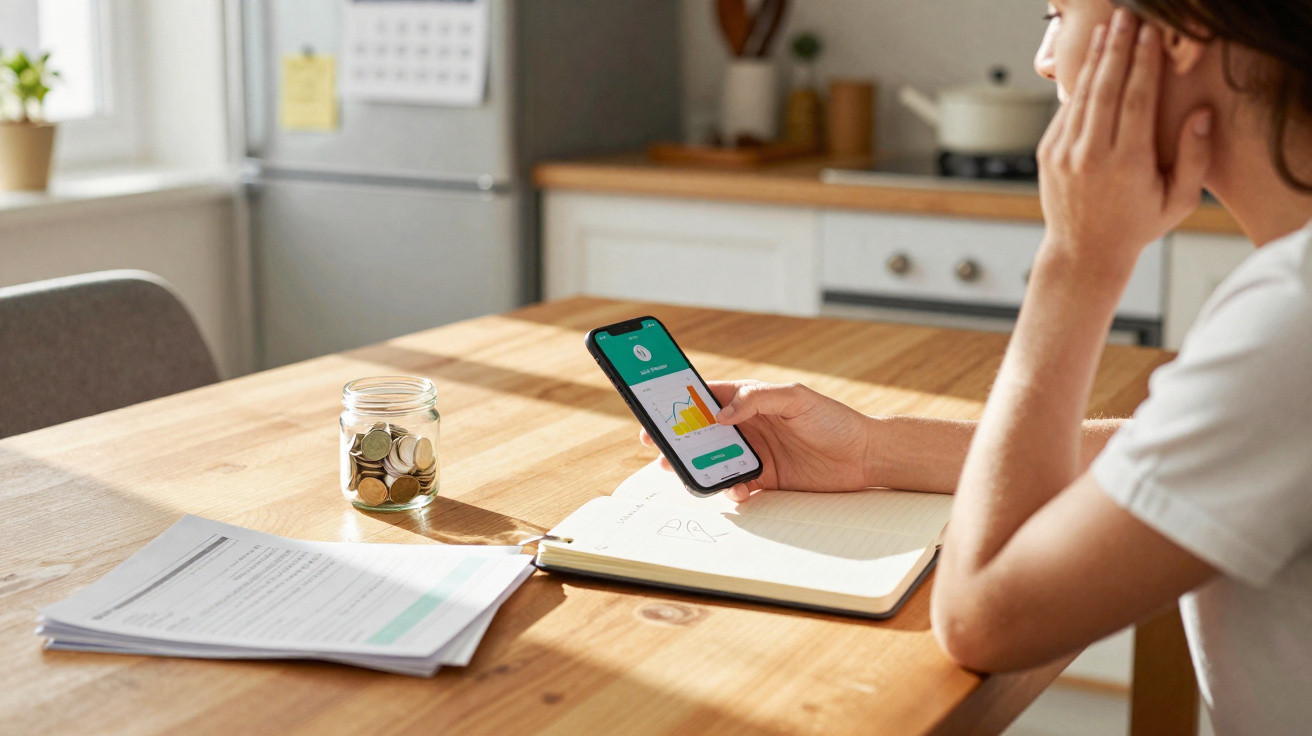 Pessoa a olhar para gráfico financeiro numa app de telemóvel, com moedas num frasco e documentos na mesa.