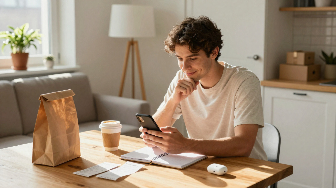 Jovem sentado numa mesa a olhar para o telemóvel, com caderno, copo de café e saco de papel à frente.