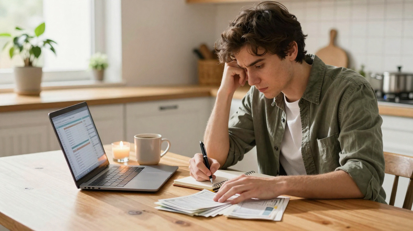 Jovem a estudar sentado à mesa da cozinha com computador, cadernos e café.