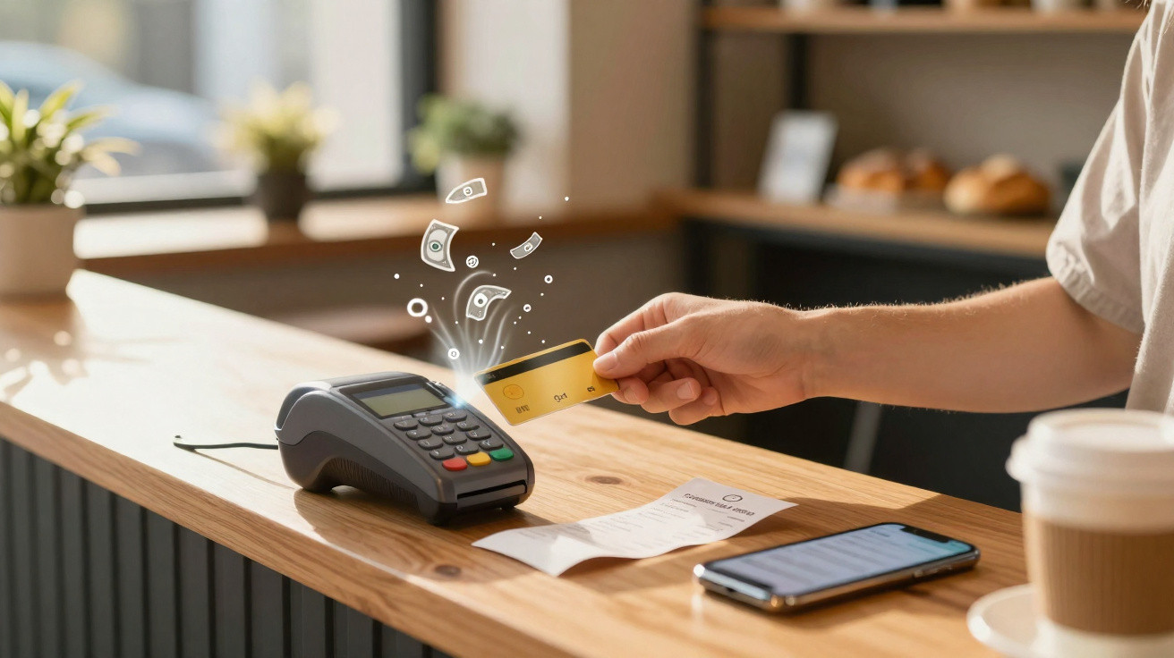 Pessoa a efetuar pagamento contactless com cartão num terminal de pagamento numa cafetaria.
